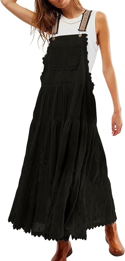 Women’s Laced Embroidered Tulle Bib Dress Casual Loose Adjustable Straps Maxi