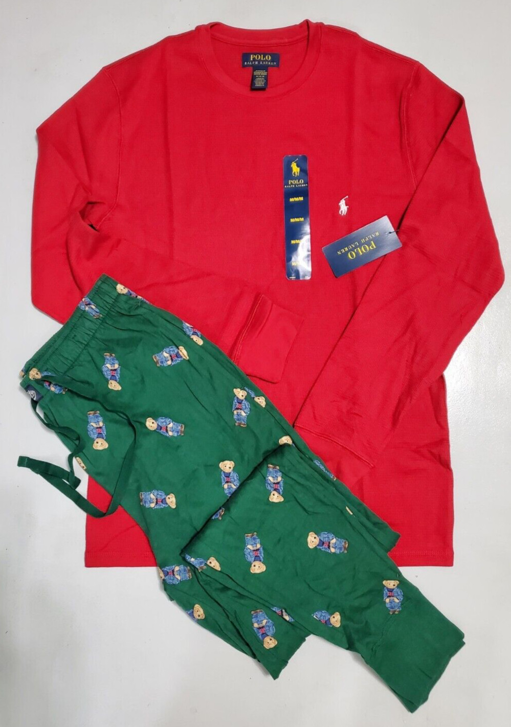POLO RALPH LAUREN DRAWSTRING WAIST MENS POLO BEAR GREEN & RED PAJAM SET: (M)