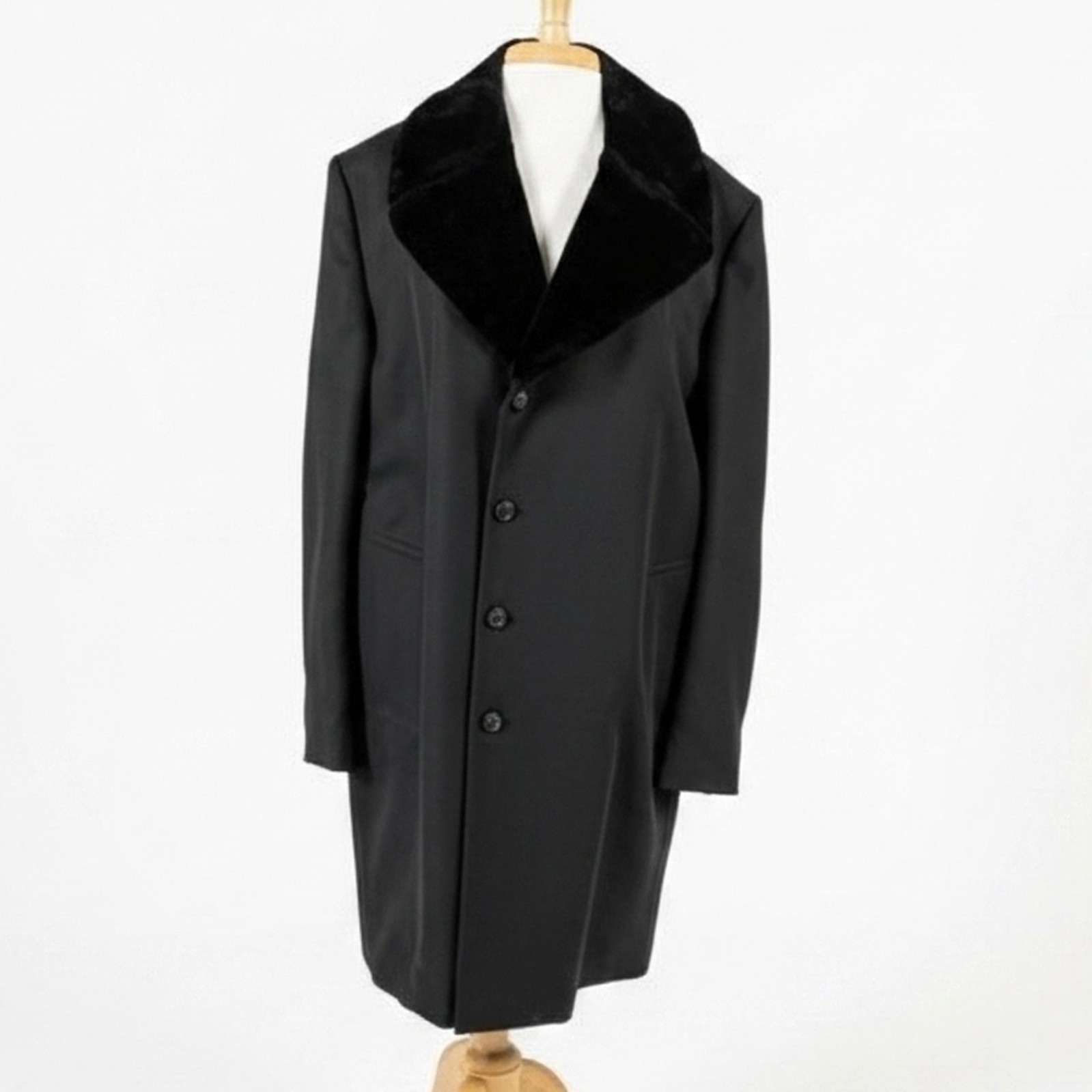Vintage 1970s London Fog Men’s Overcoat Black Faux Fur Shawl Collar Wool Blend