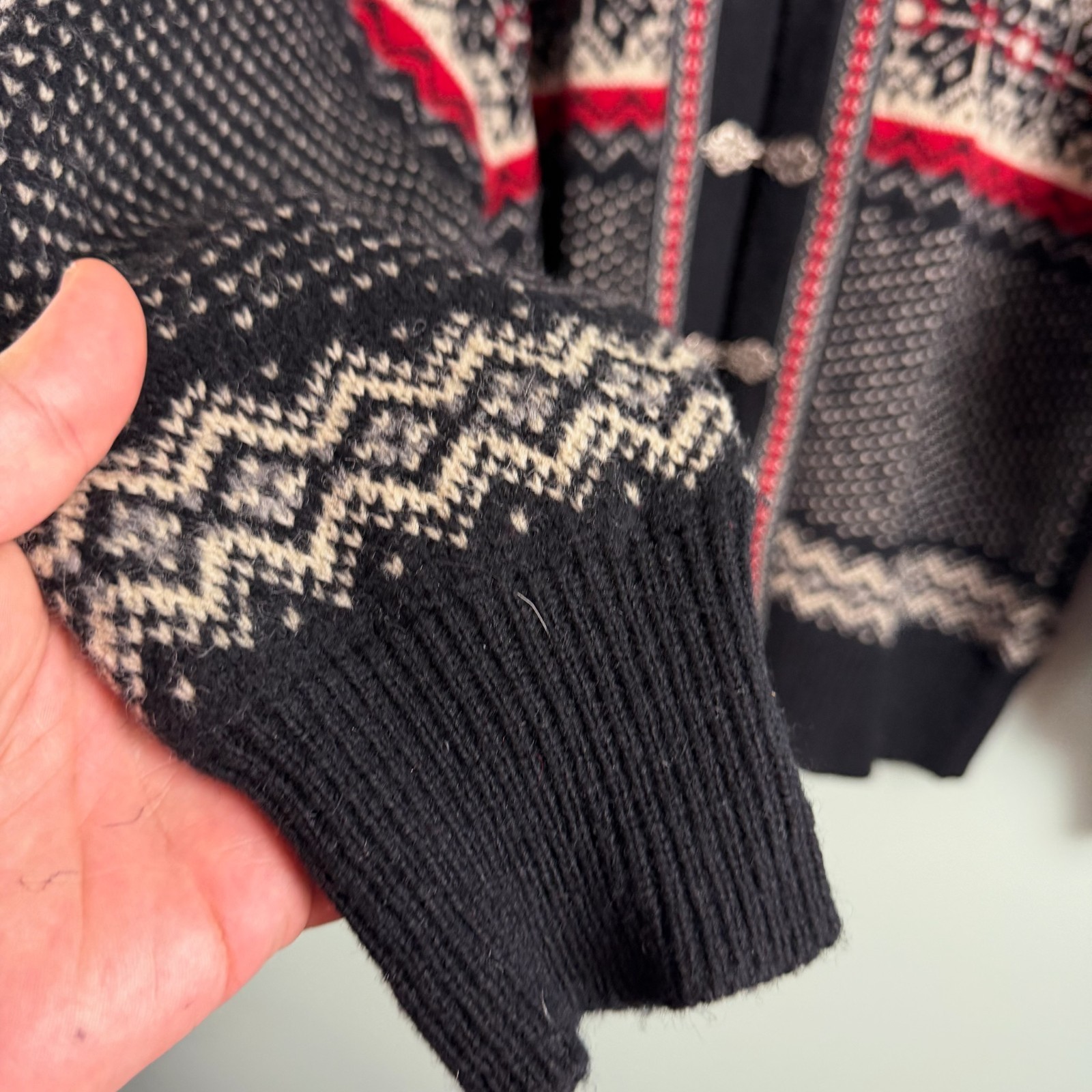 VTG Women Willi Smith Black Fair Isle Shetland Wool Cardigan Sweater Size Large