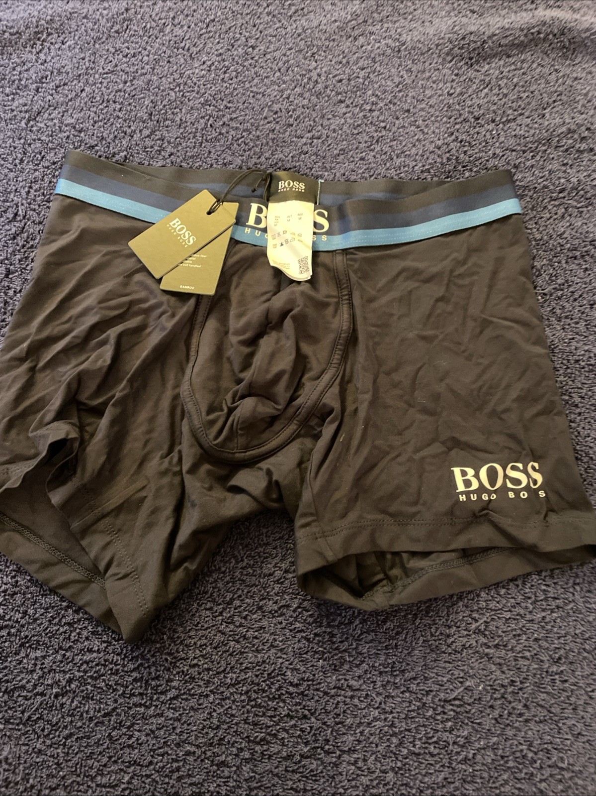 Hugo Boss Men Boxer Briefs Bamboo Blend Black Blue Waistband Size M New W/Tags