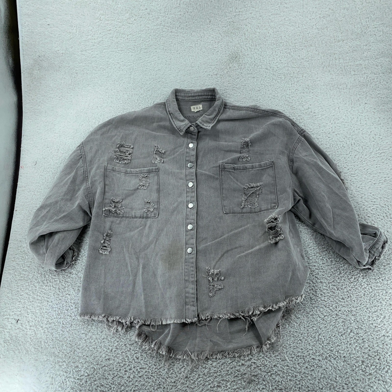 POL Shacket Womens Large Gray Denim Distressed Collared Snap Button Frayed Hem