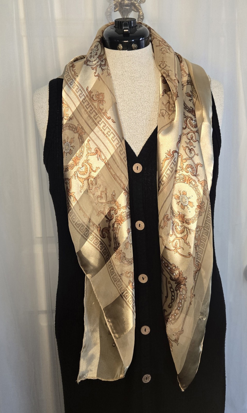 Vintage Scarf Gold Tan & Brown Design Striped Satin Roma Italy 40 X 40 Square
