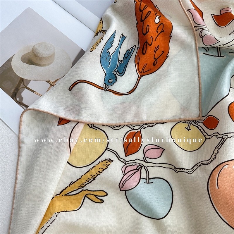 Sallys 70% Cashmere 30% Silk Wrap Scarf Apple Trees Print 2 Face Shawl 53″ Cream
