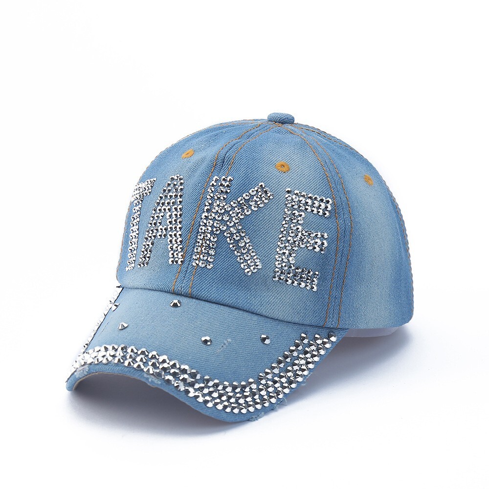 Washed Cotton Denim Hat Bling Studded Rhinestones Baseball Cap Hat Adjustable