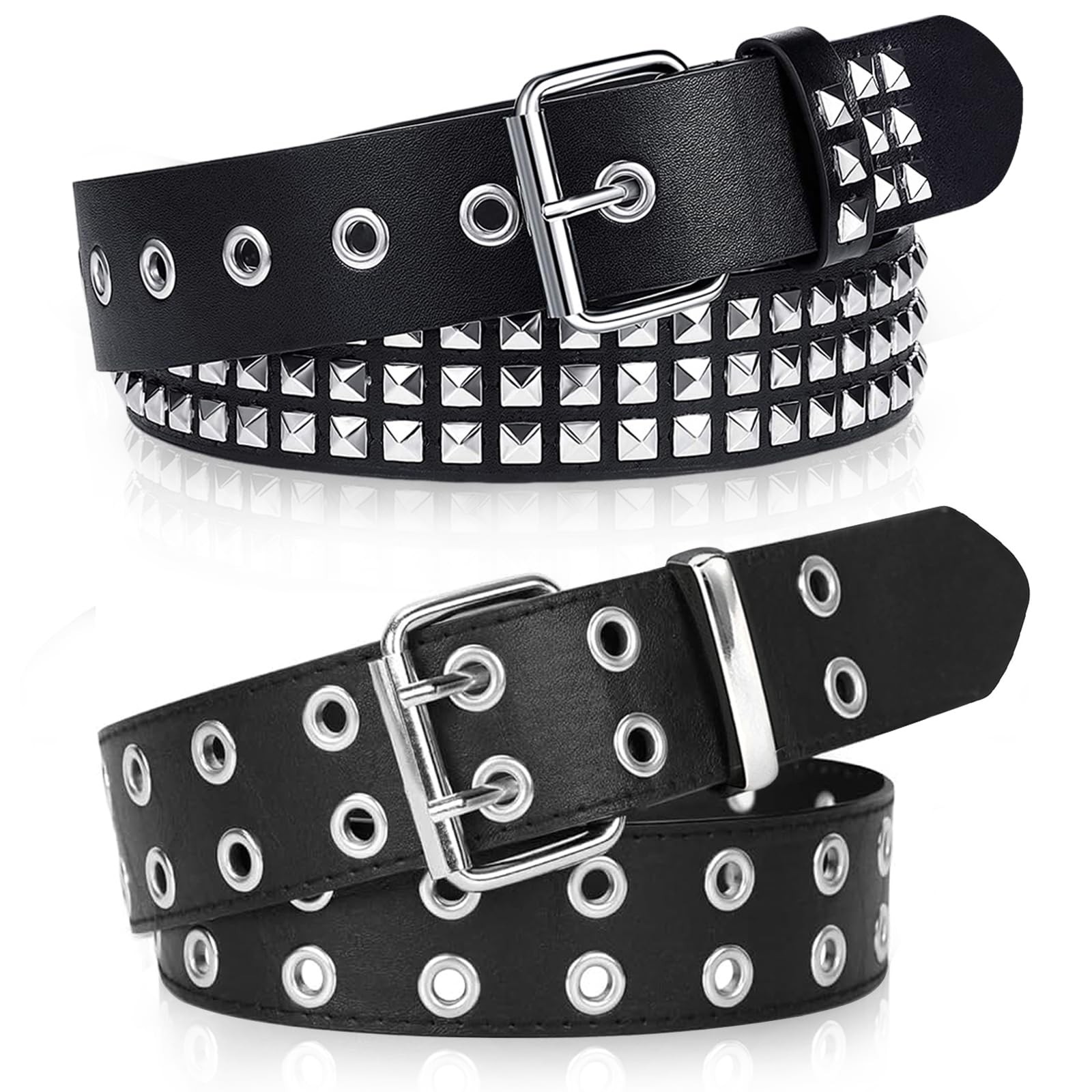 Black Studded Belt, 2 Pcs Y2K Belt Metal Punk Rock Double Grommet Belts with Bri