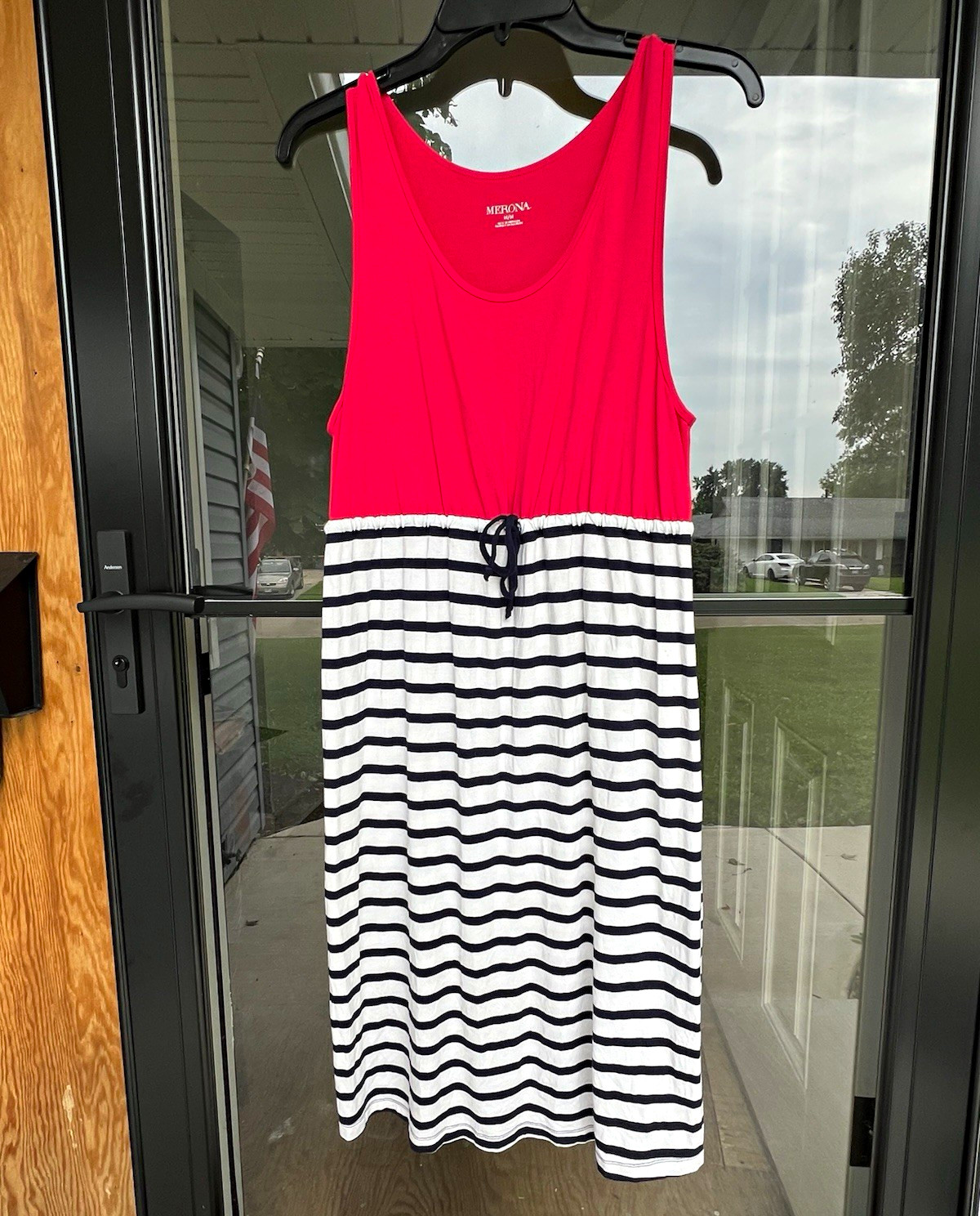 Merona Women’s Tank Dress Sz M Red Top Striped Drawstring Knit Sleeveless