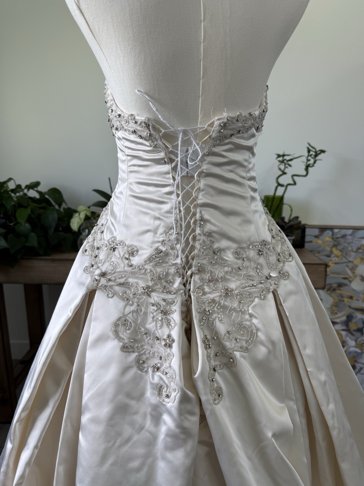 Kenneth Pool Strapless Beaded Satin Ball Gown Wedding Dress Corset Back Train