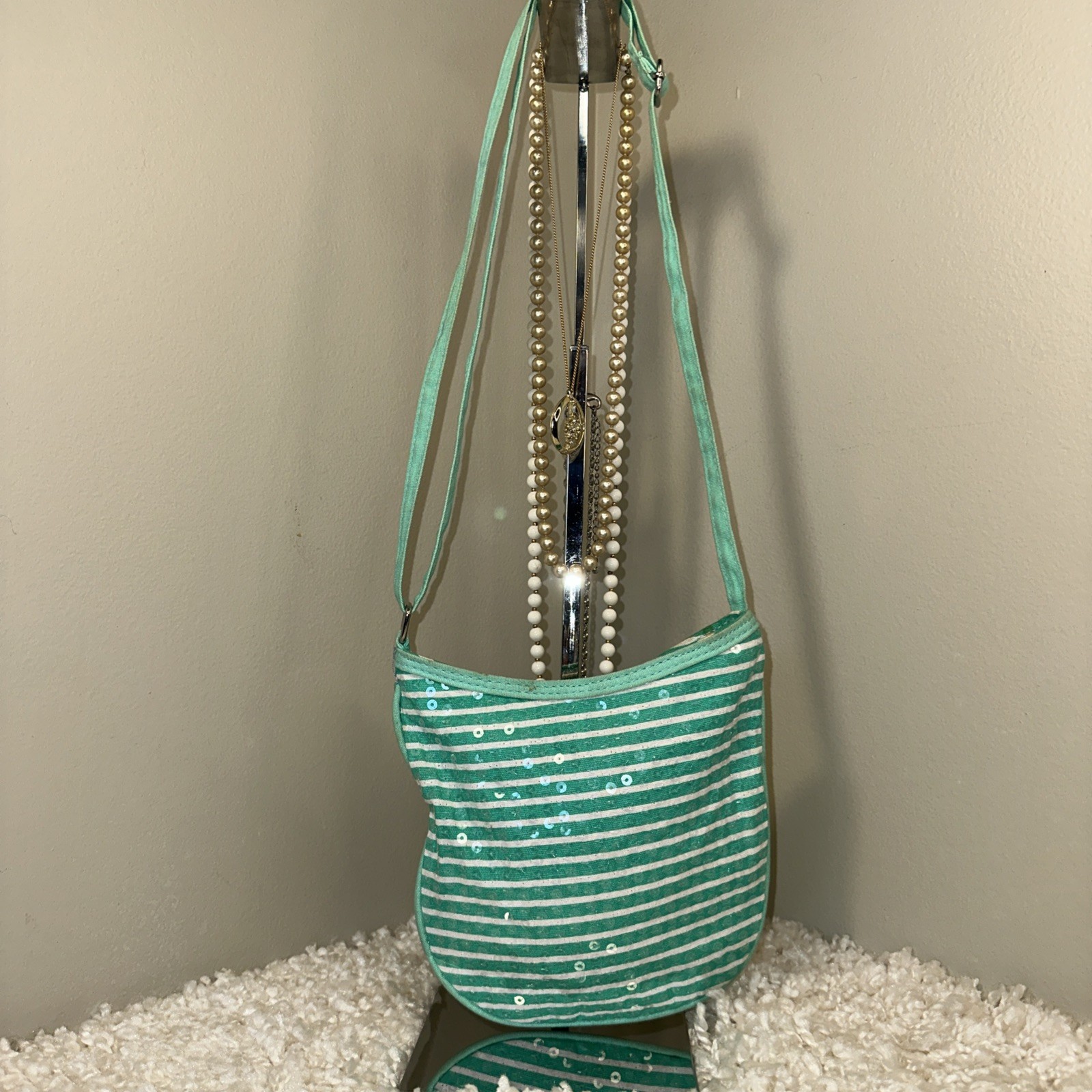 Turquoise and white small Crossbody purse cute summer bag adjustable Strap