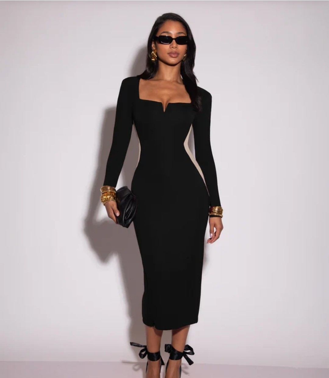 TA3 Notchy Long Sleeve Midi Dress Contour Black Oat TA3 XS Regular Long