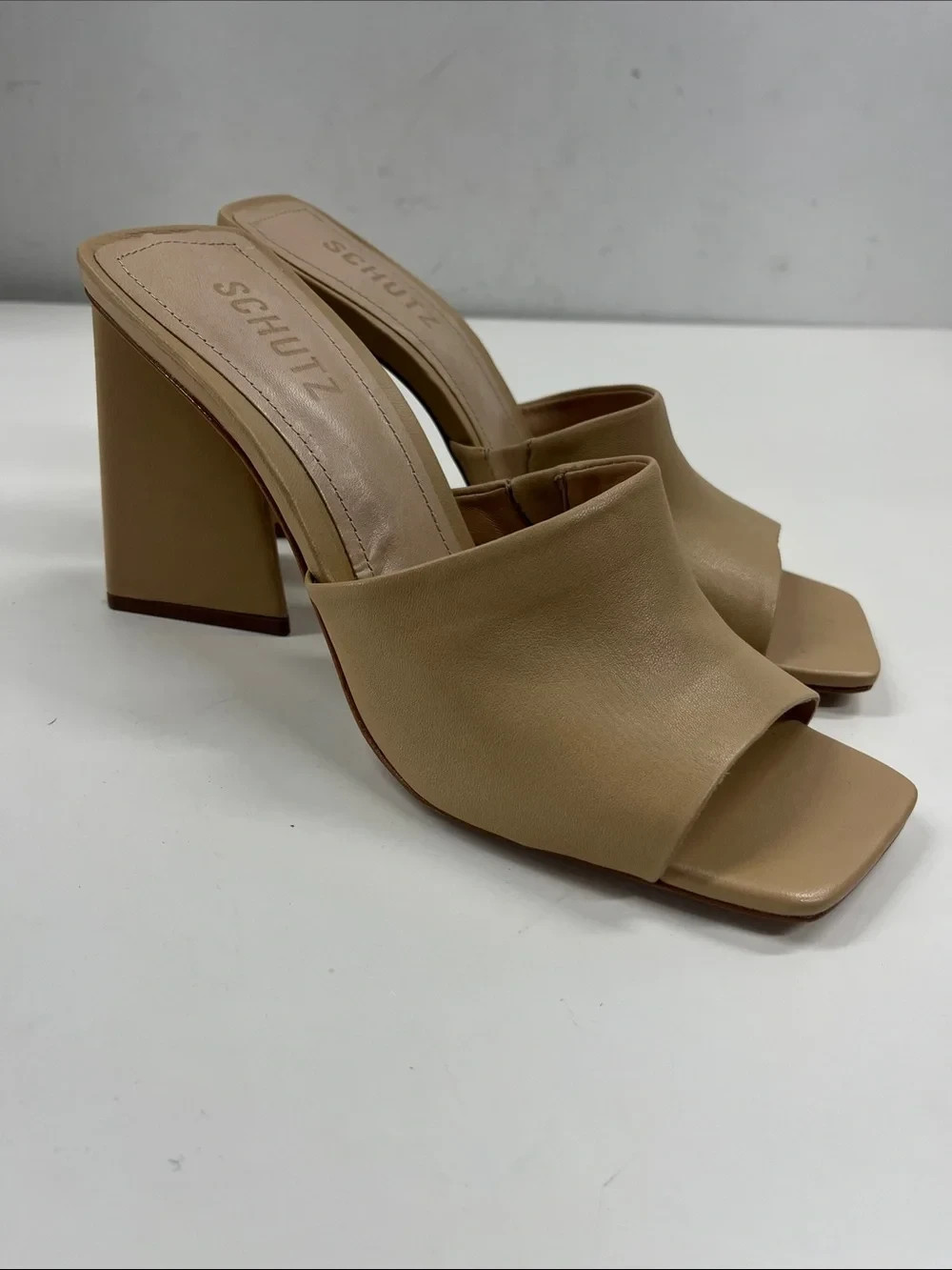 New Schutz Lizah Mule Sandals Square Toe in Light Nude Napa Leather Size 8.5