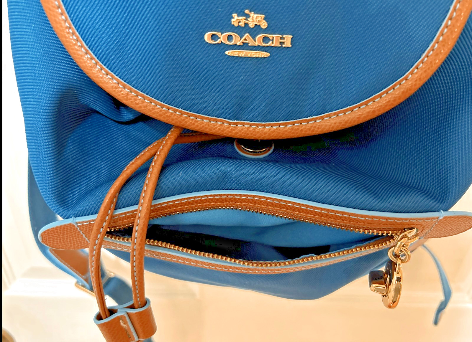 Coach Sawyer Backpack 37240 Canvas Nylon Leather Bright Mineral Blue Drawstring