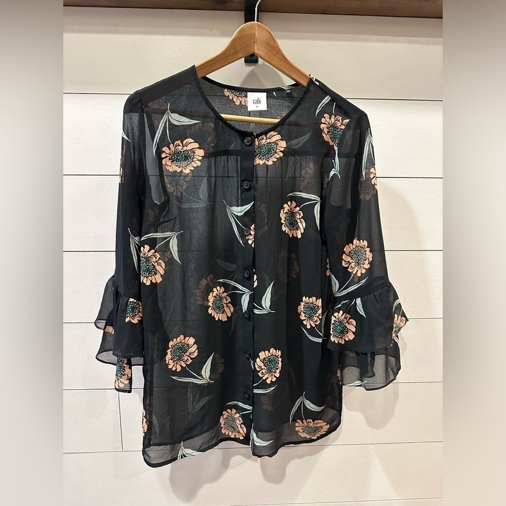 CAbi Chic Black Floral Sheer Blouse- size XS