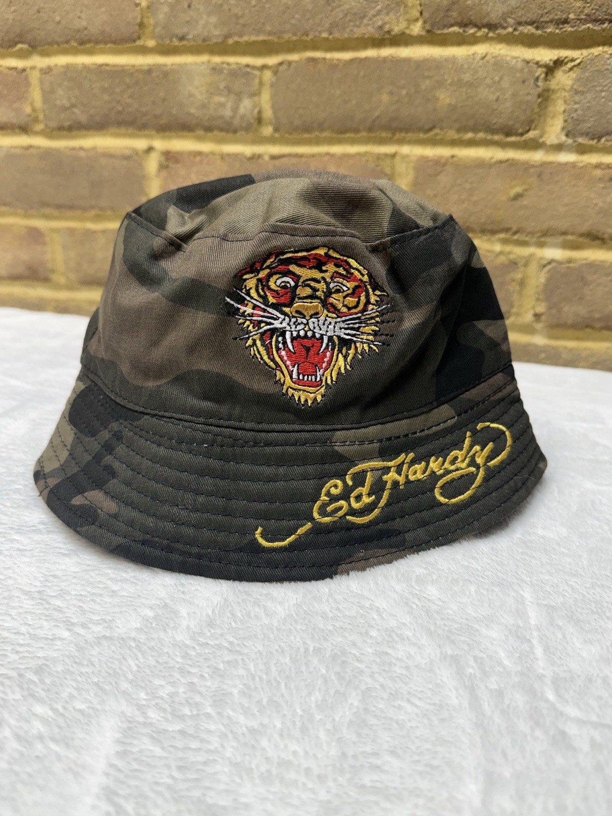 Y2K Ed Hardy Bucket Hat Tiger Graphic Camo Pattern One Size Fit Most