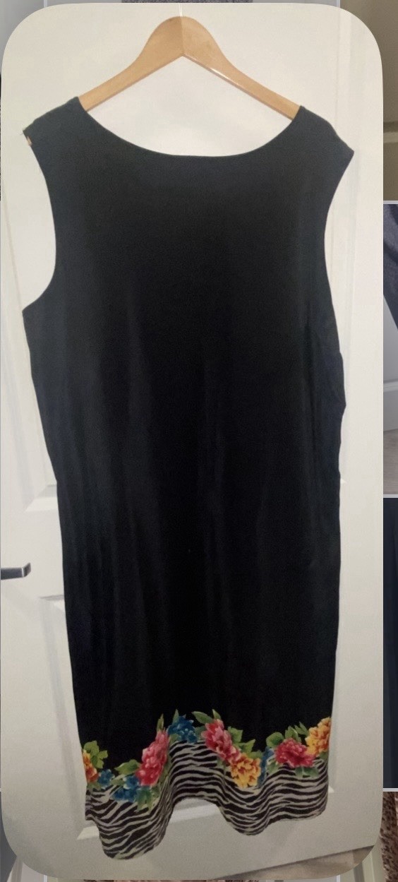 Vintage Maggie Sweet 2XL Black Midi Shift Dress Sleeveless Floral Zebra Slit 90’