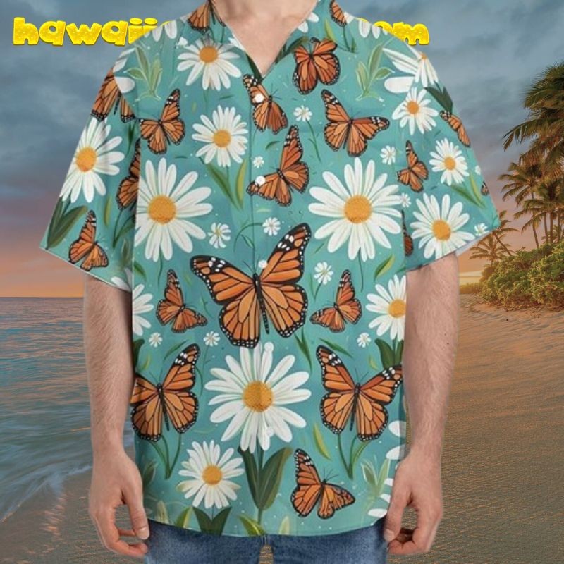 Orange Butterfly Daisy Flower Hawaiian Shirt