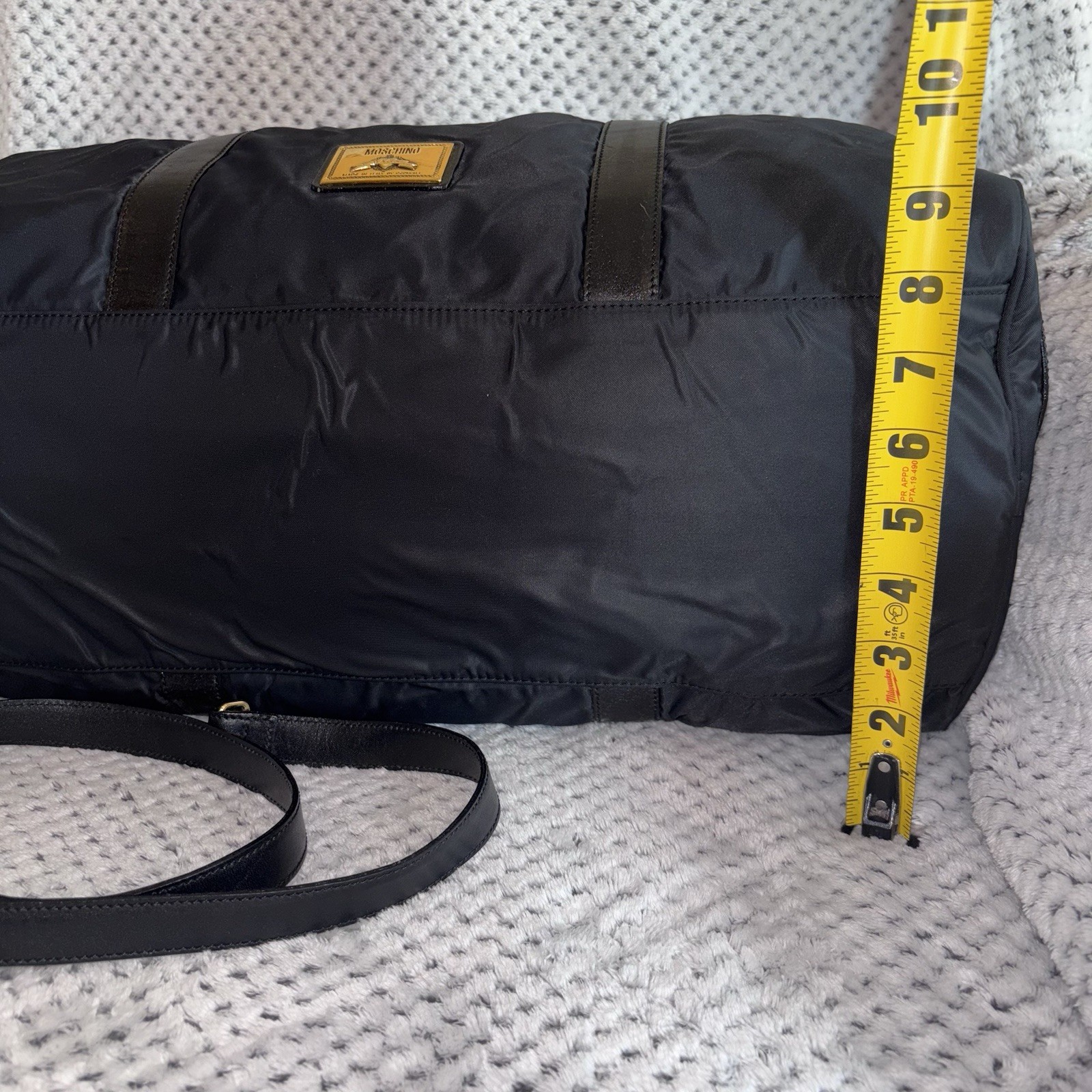 Moschino Redwall Italy Black Nylon Leather Block Leather Duffle Tote Bag “READ”