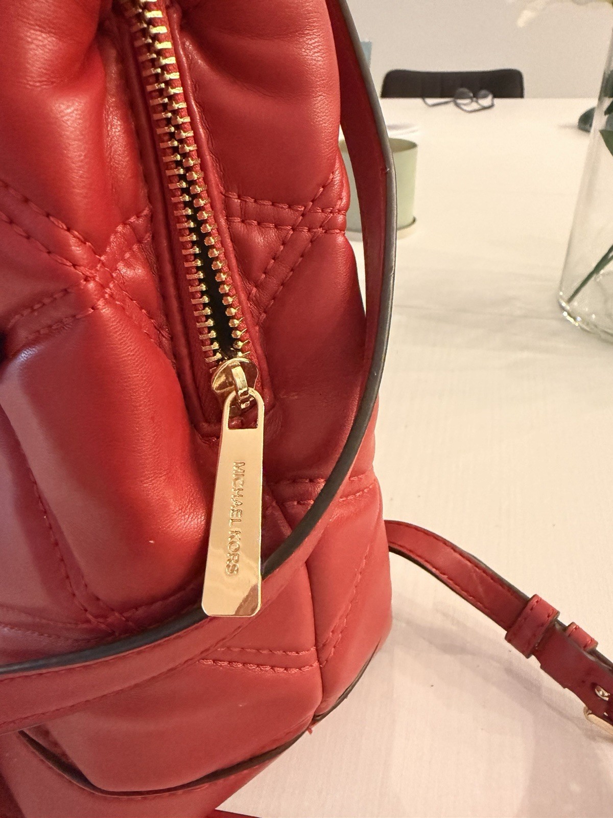 Michael Kors Red Quilted Backpack Top Handle Gold Hardware Adjustable Strap