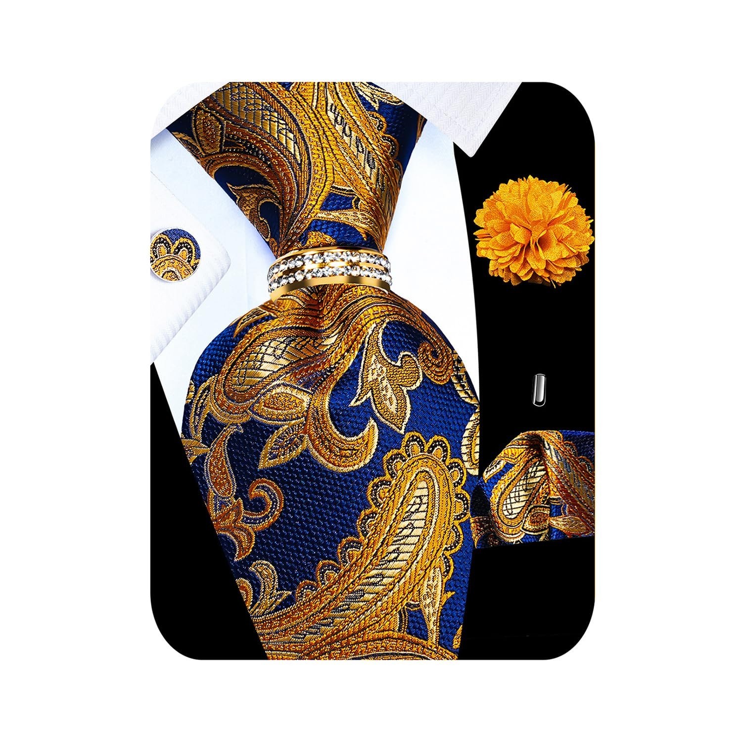 5PCS Men’s Silk Necktie Set with Pocket Square, Cufflinks, Gold Ring & Lapel Pin