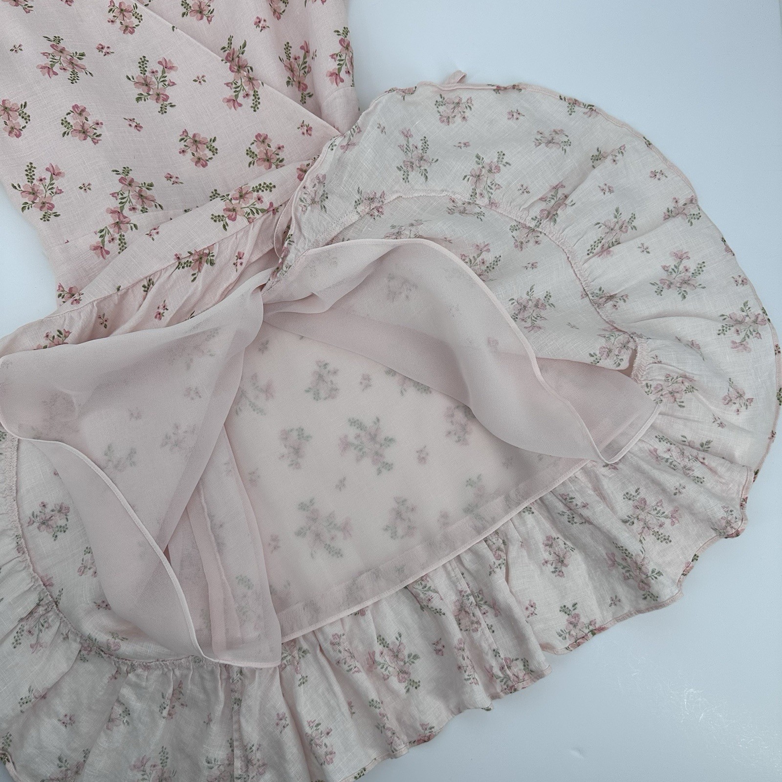 & Other Stories Linen Puff Sleeve Floral Wrap Mini Dress Women’s Size 6 Ruffles