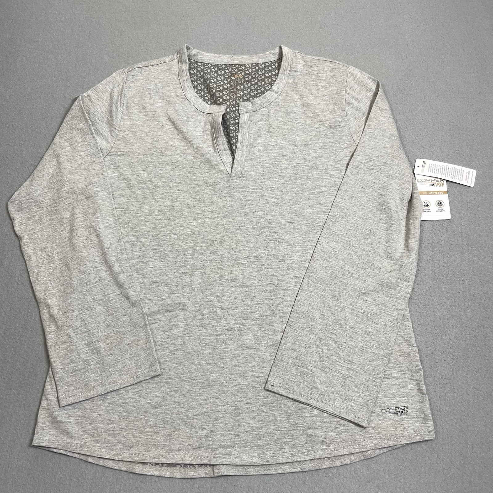 Copper Fit Top Womens Large XL Gray Long Sleeve Shirt V-Neck