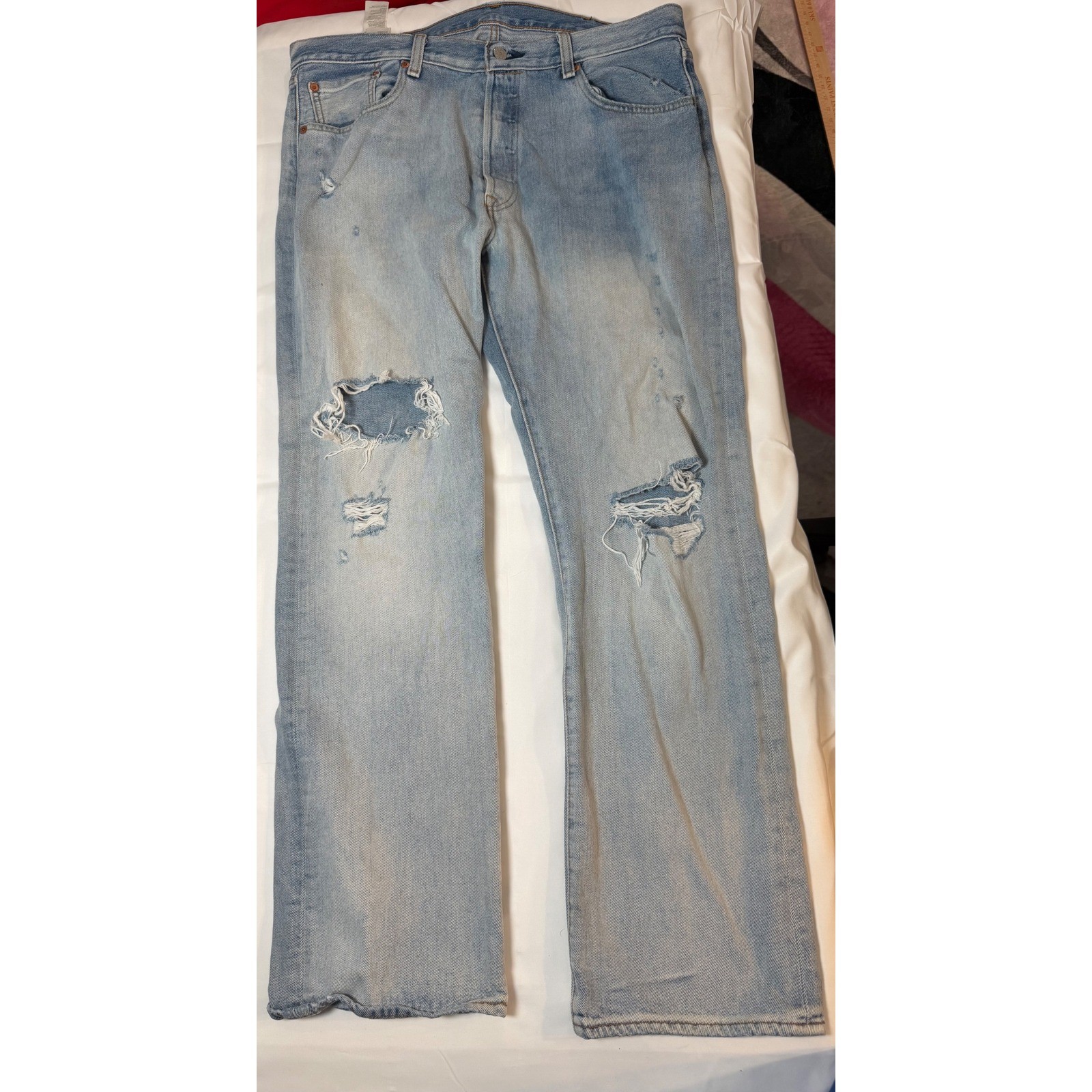 Levis 501 Original Fit Jeans Mens 38×32 Light Wash Distressed WaterLess Denim