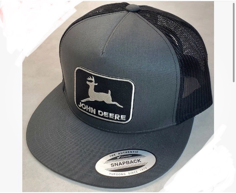 Vintage John Deere patch on Grey Black yupoong flatbill Snapback Trucker Hat