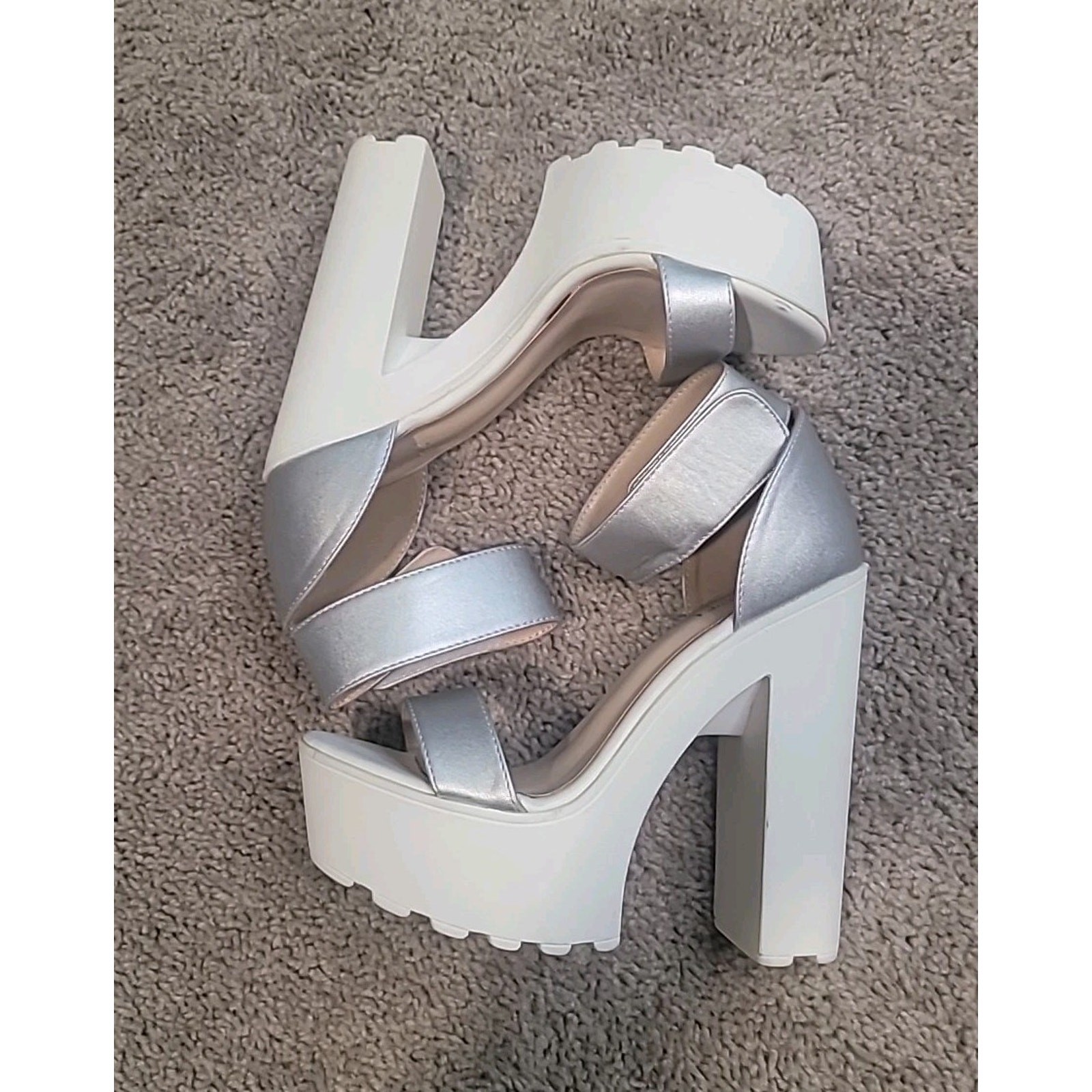 Platform Cleated High Heel Sandals Silver White Size 37 EUC