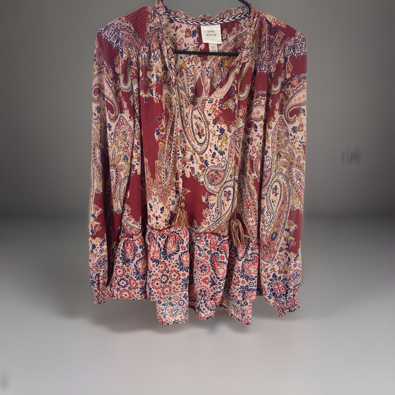 KNOX ROSE Blouse Women’s XS Sheer Red Multicolor Boho Floral Pleated Tasseled