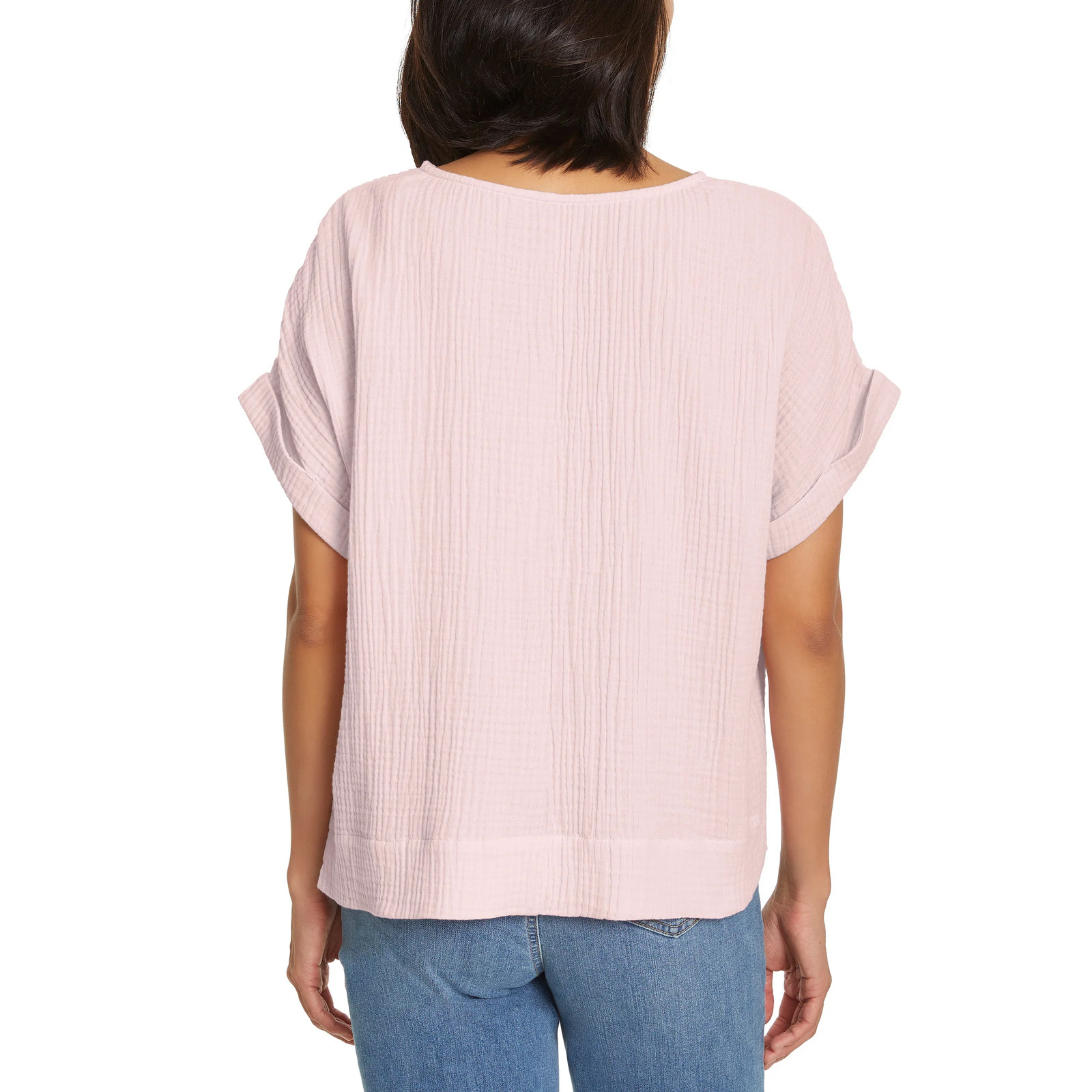 Gloria Vanderbilt Women’s Cotton Gauze Pullover Top Double Rolled Cuff Sleeve