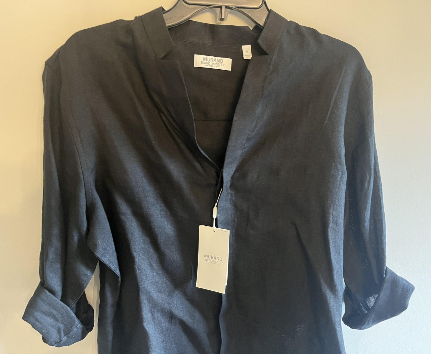Murano Baird McNutt Shirt Mens Medium Black Linen Band Collar Long Sleeve Casual