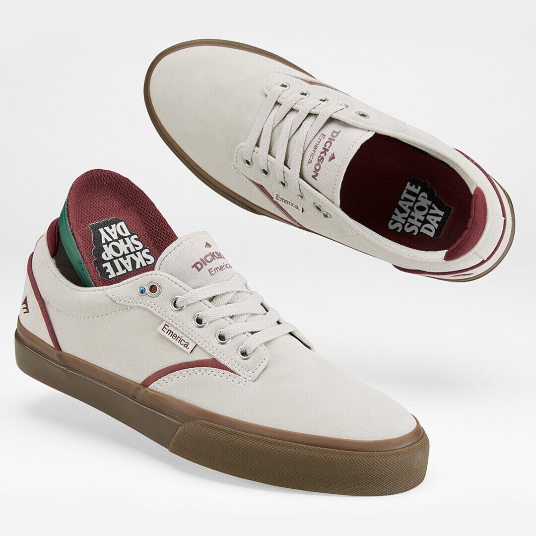 Emerica Dickson Skateshop Day White/Red/Gum Men’s Skateboard Inspired Sneakers