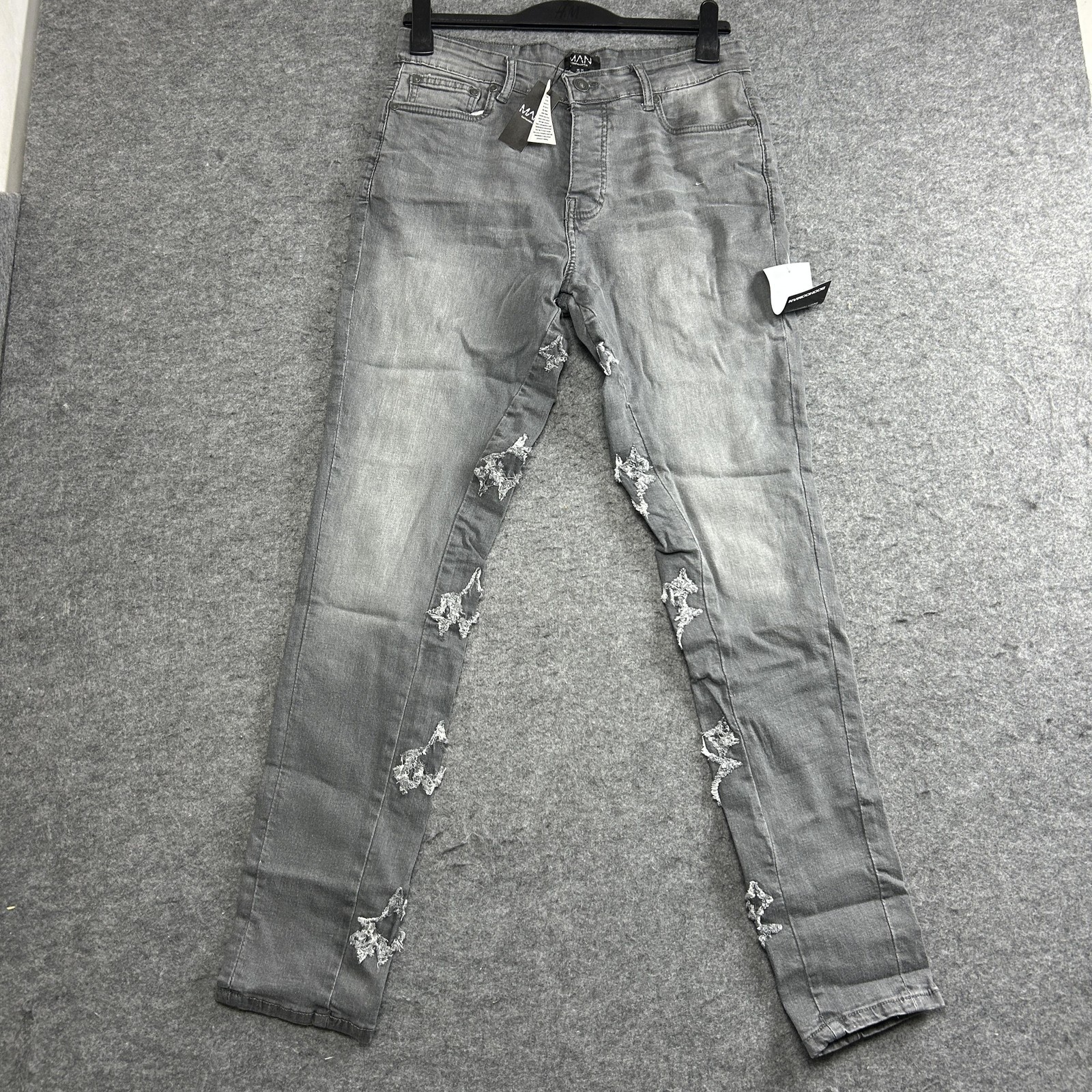 BoohooMAN Jeans Mens 34 Tall Skinny Stretch Overdyed Gusset Applique Distressed
