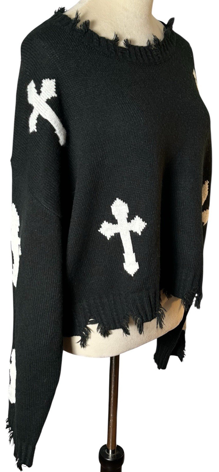 Distressed Fringe Womens Black Cross Knit Sweater Sz M Grunge WhimsiGoth Oversiz