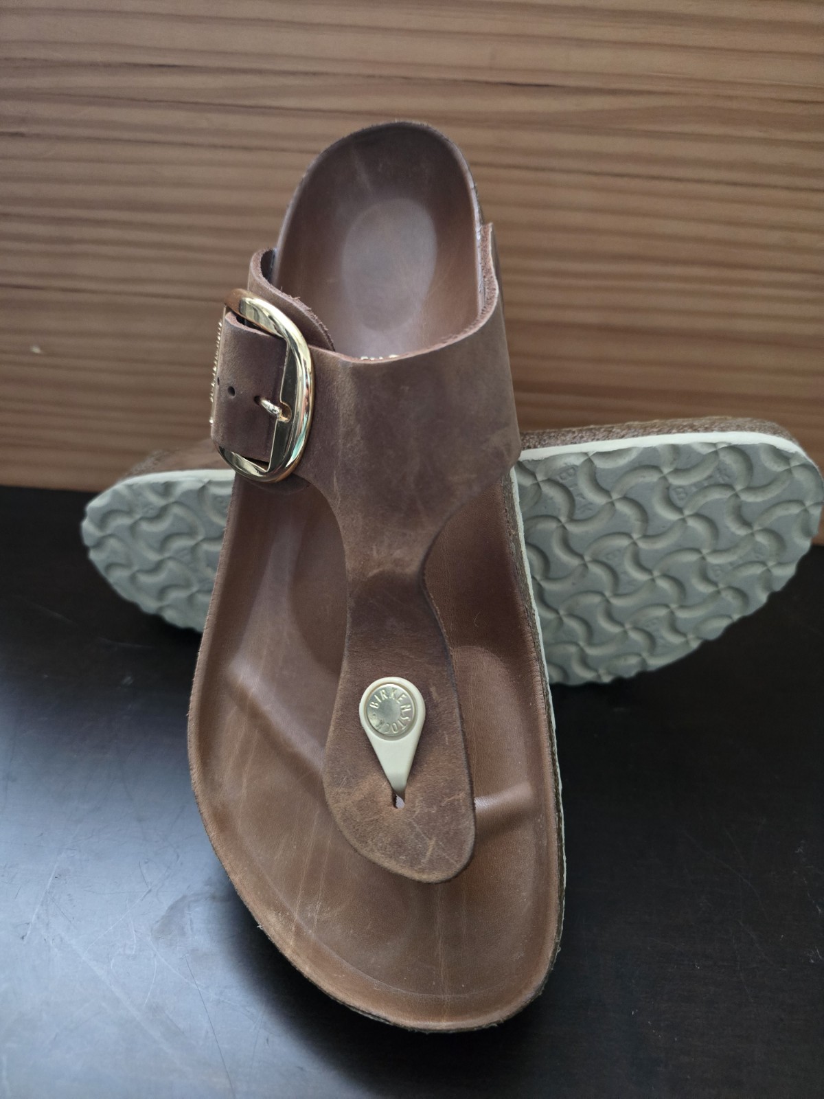 Birkenstock Gizeh Big Buckle Cognac Oiled Leather Sandals Gold Hardware Size 40