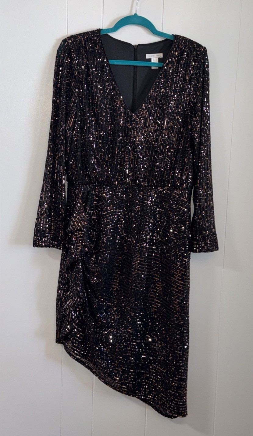 London Times Dress Black Copper Sequins City Chic Sequin Size 14 LS Slimming
