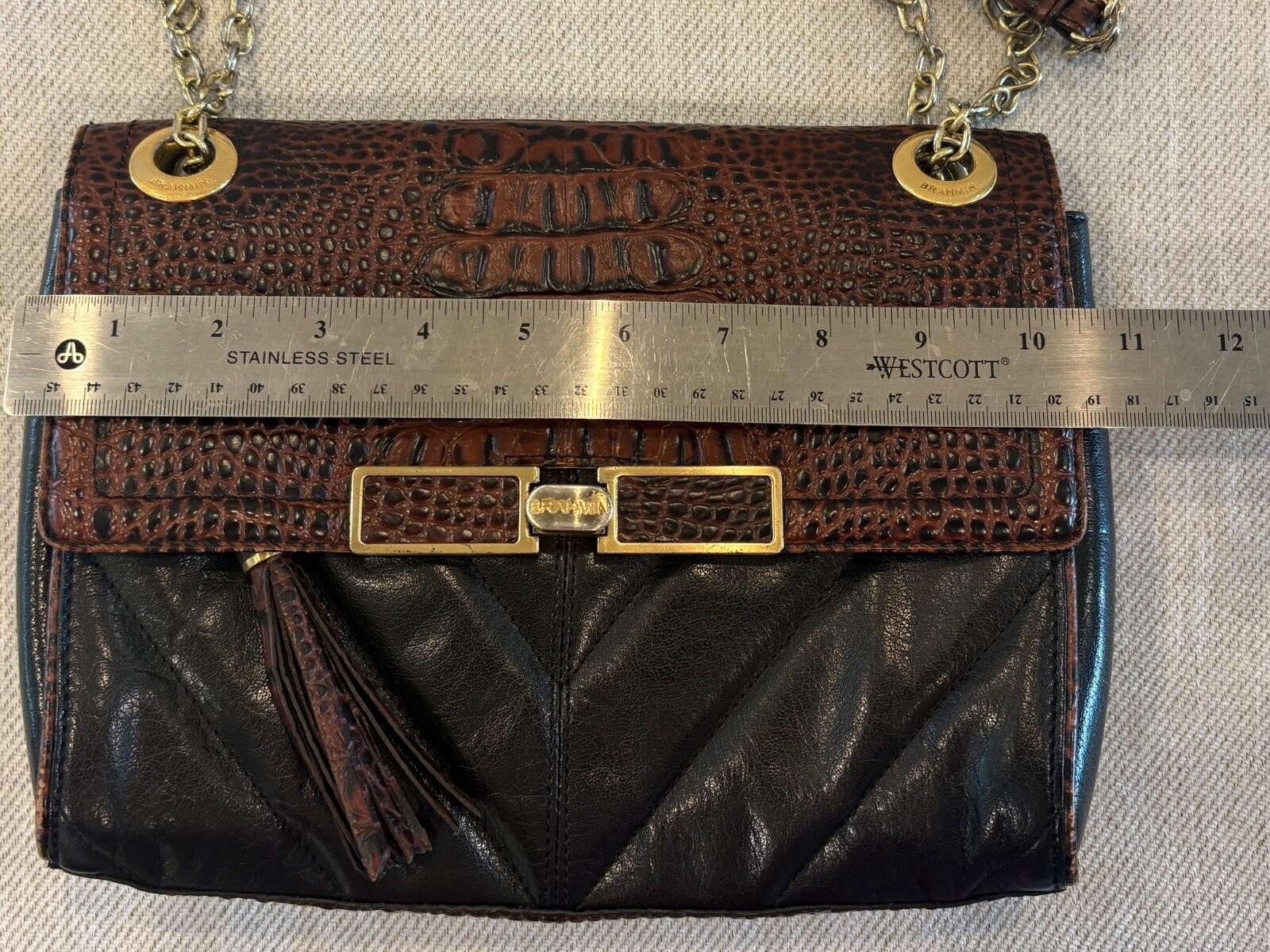 Brahmin Harrison Mixed-Media Shoulder Bag – Pecan Melbourne Croc-Embossed Leathe