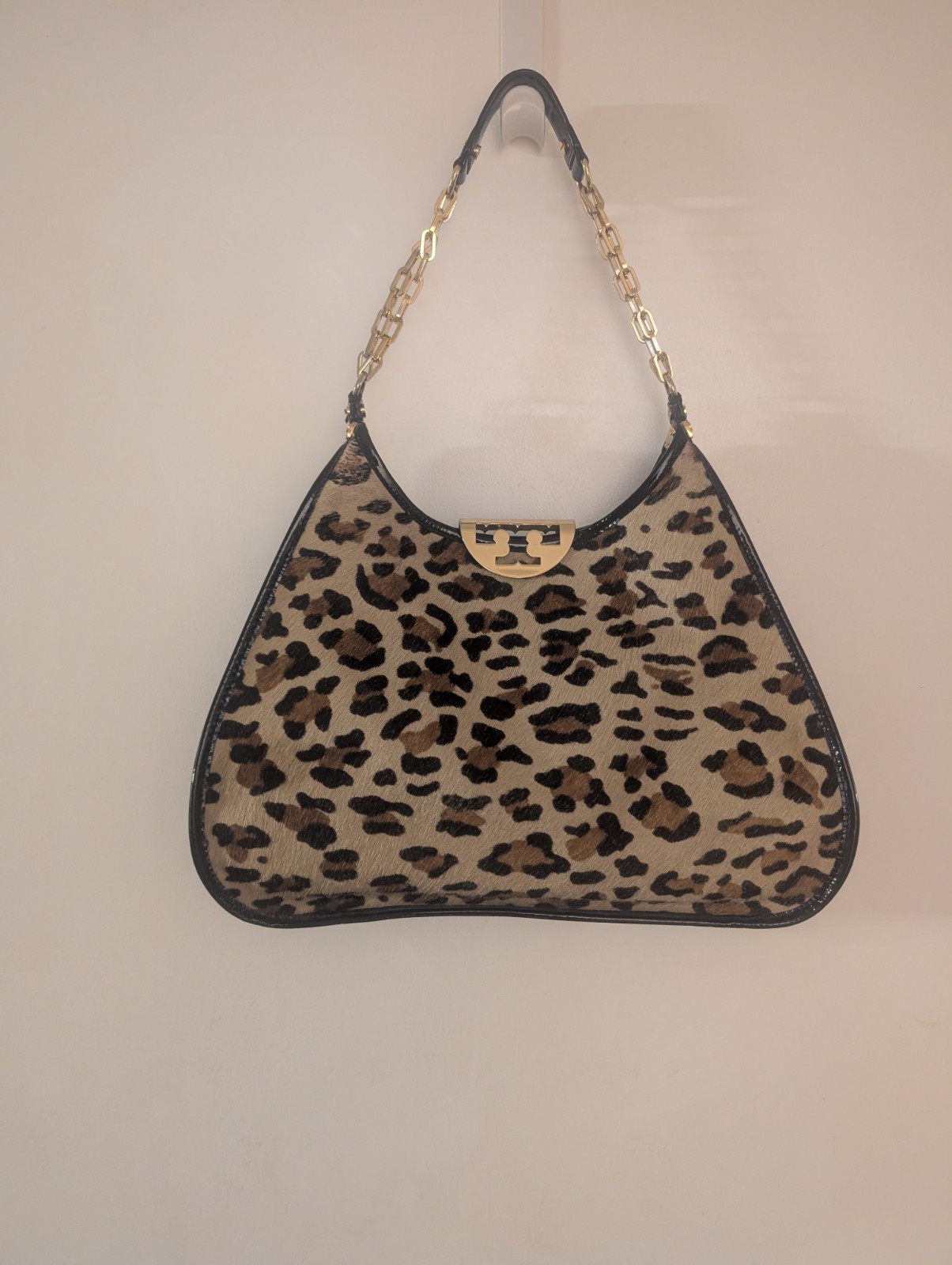 Calf Hair Leopard Print Patent Leather Gold Chain Link Handle Shoulder Bags