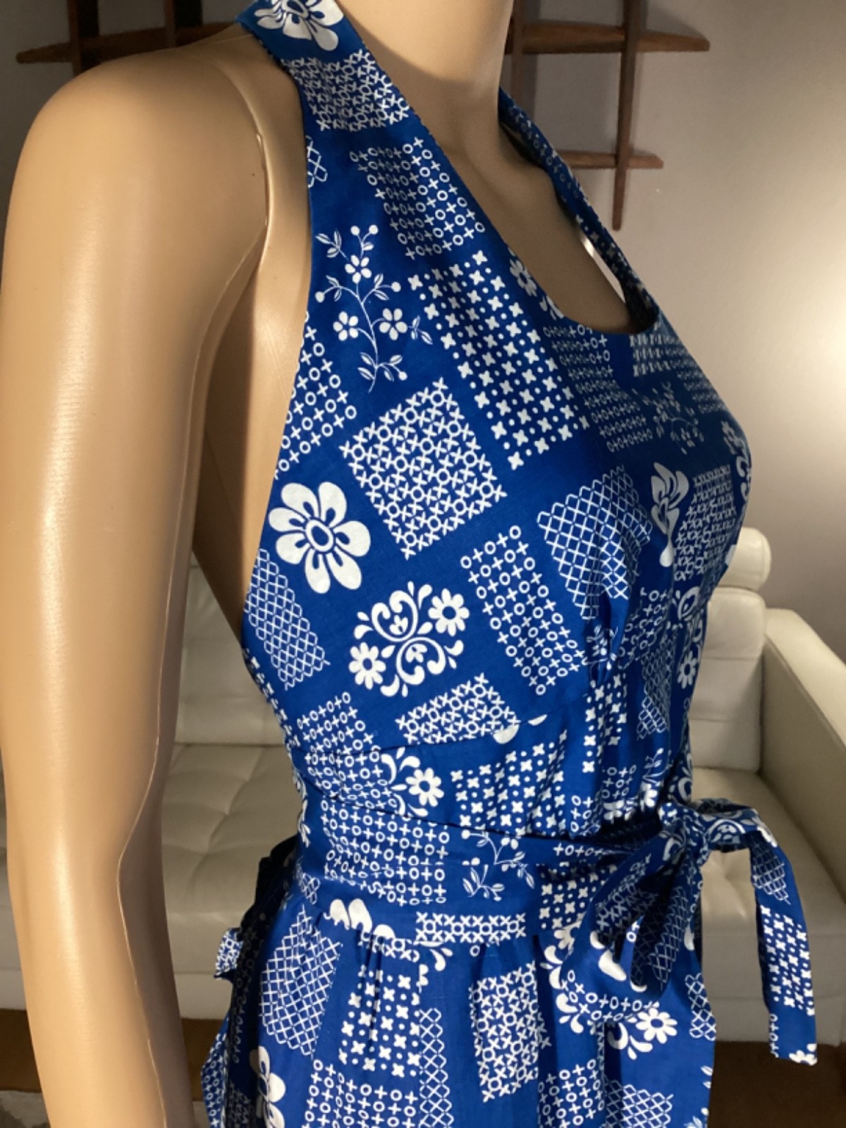 Vintage 70’s Apron Pinafore Maxi Halter Top Wrap Dress Hippie Boho Ruffles