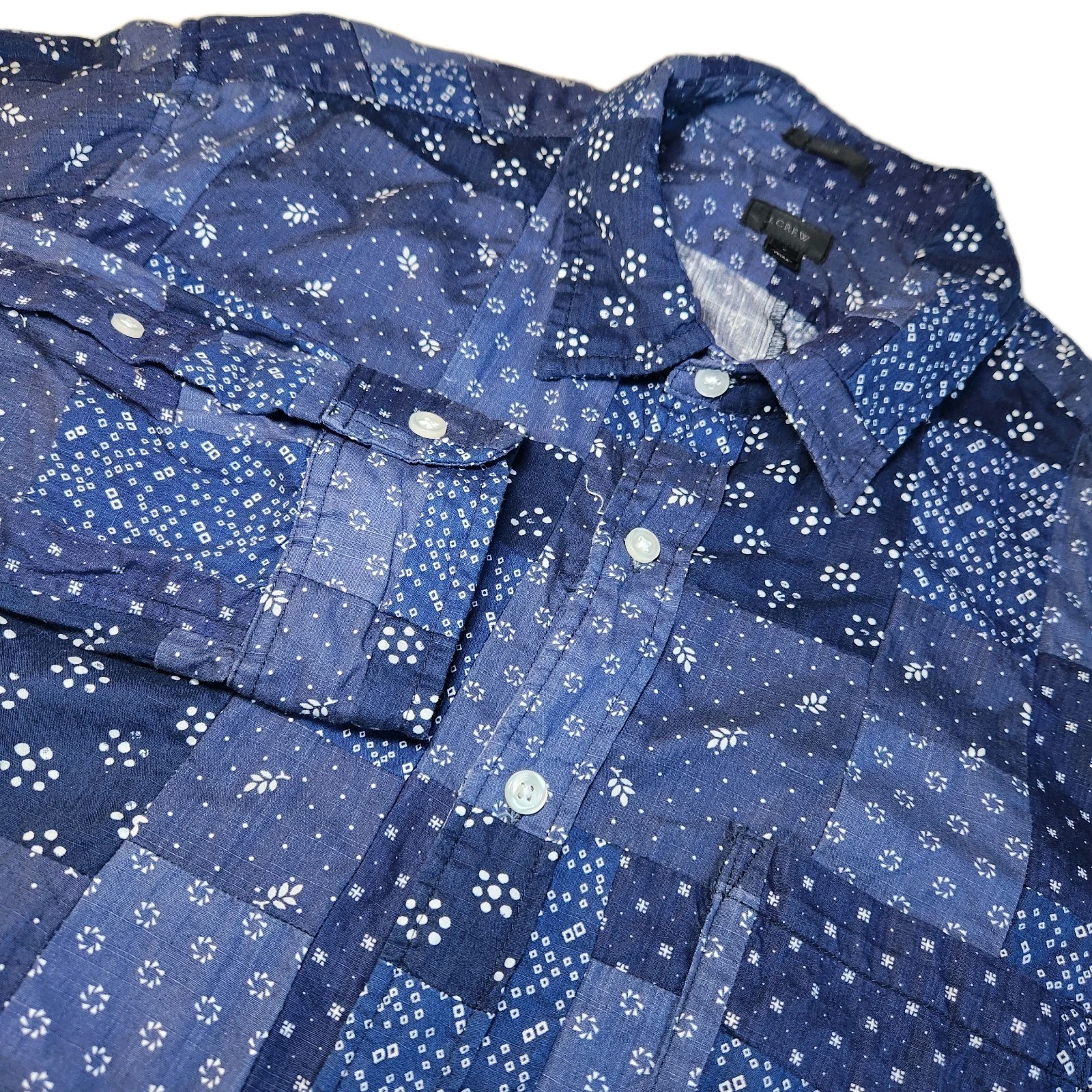 J.CREW Bandana Patchwork Shirt Mens Large Slim Blue Cotton Denim Button Up