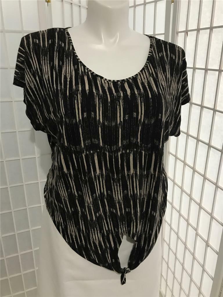 Women’s Hot Options Sz 14 Raven Black Soft Tan Stripe Summer Tie Waist Blouse