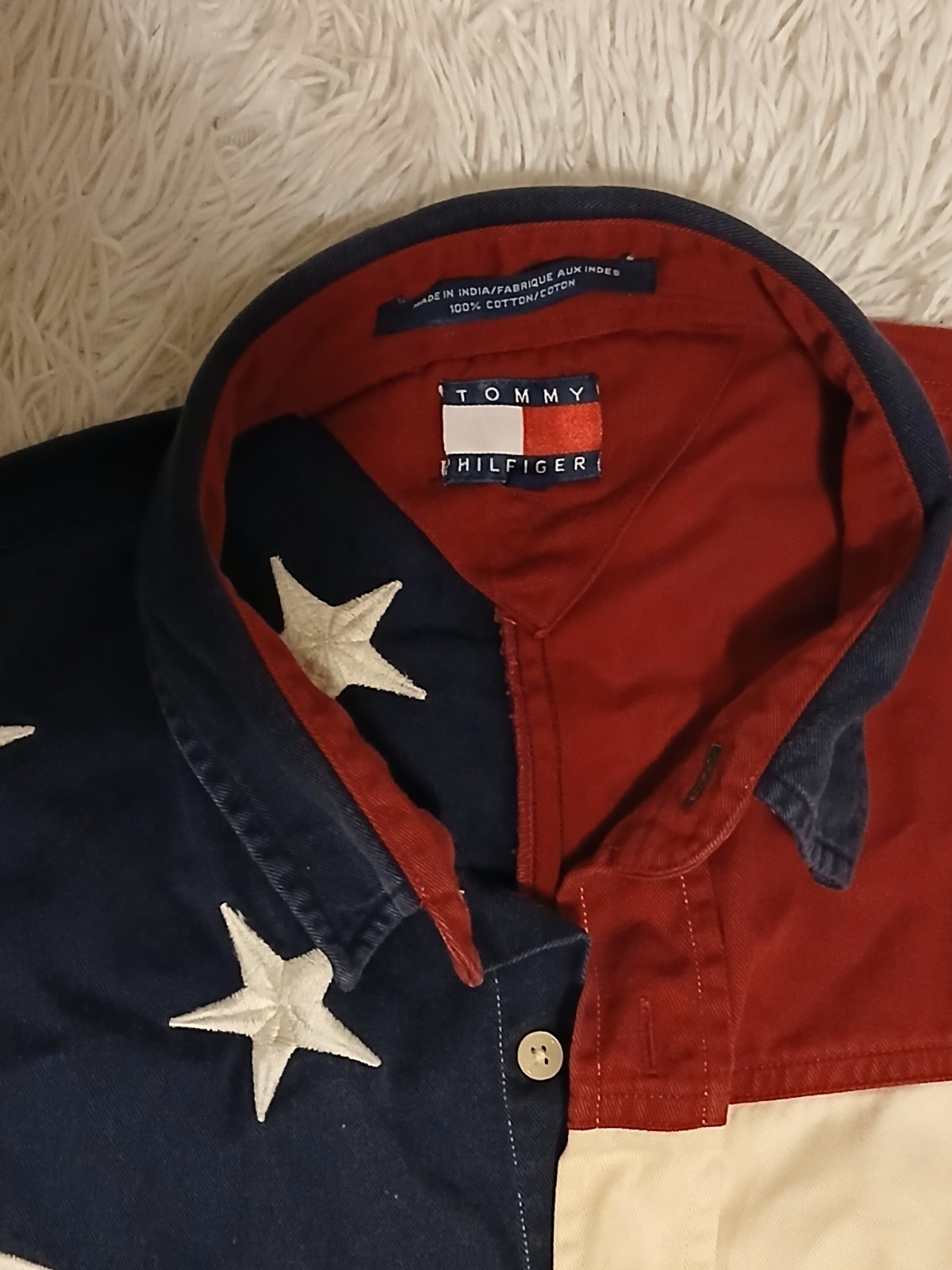 Men Vintage 90s Tommy Hilfiger Big Logo USA Flag Button Down Denim Shirt XL