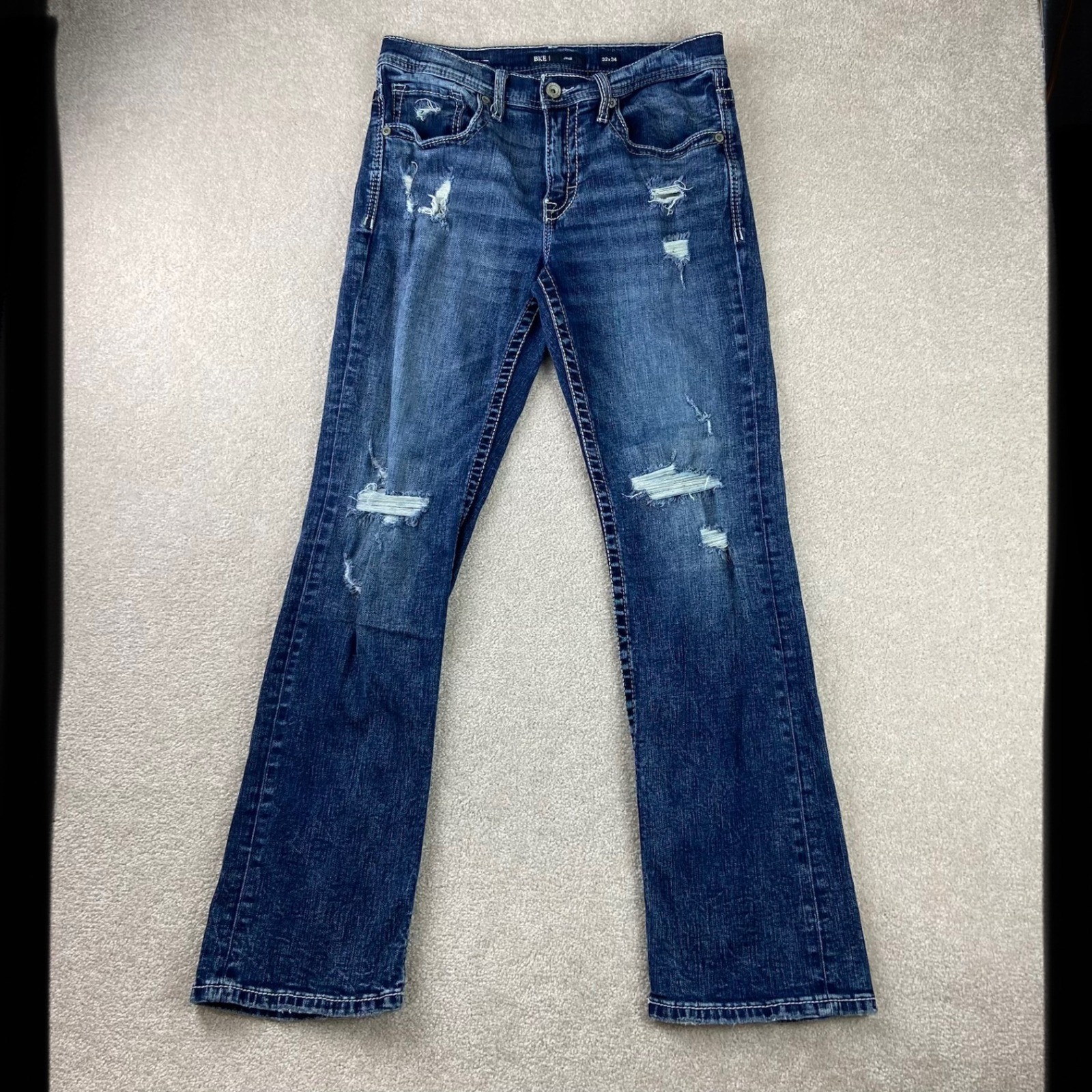 BKE Jake Jeans Mens 32×34 Blue Distressed Bootcut Dark Wash Stretch Denim