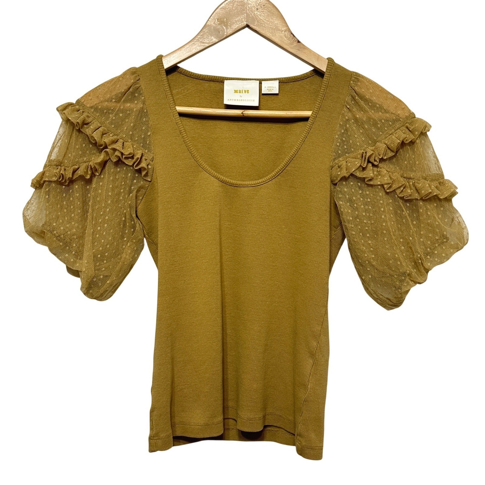 Maeve Anthropologie Mesh Puff Sleeve Top Size XS Ribbed Feminine Blouse Romantic