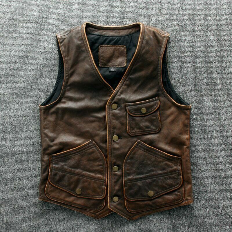 Men’s Biker Vintage Tan Brown Vintage Real Leather Motorcycle Vest Jacket