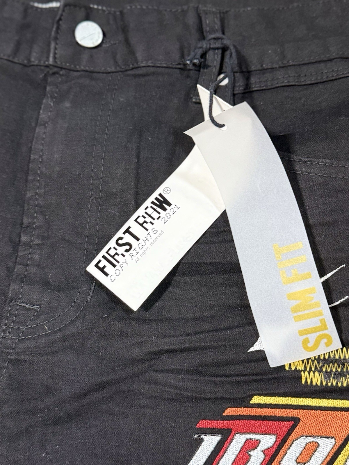 First Row Downtown La Racing Slim Fit Jeans Men’s Size 38×32 Black Patchwork NWT