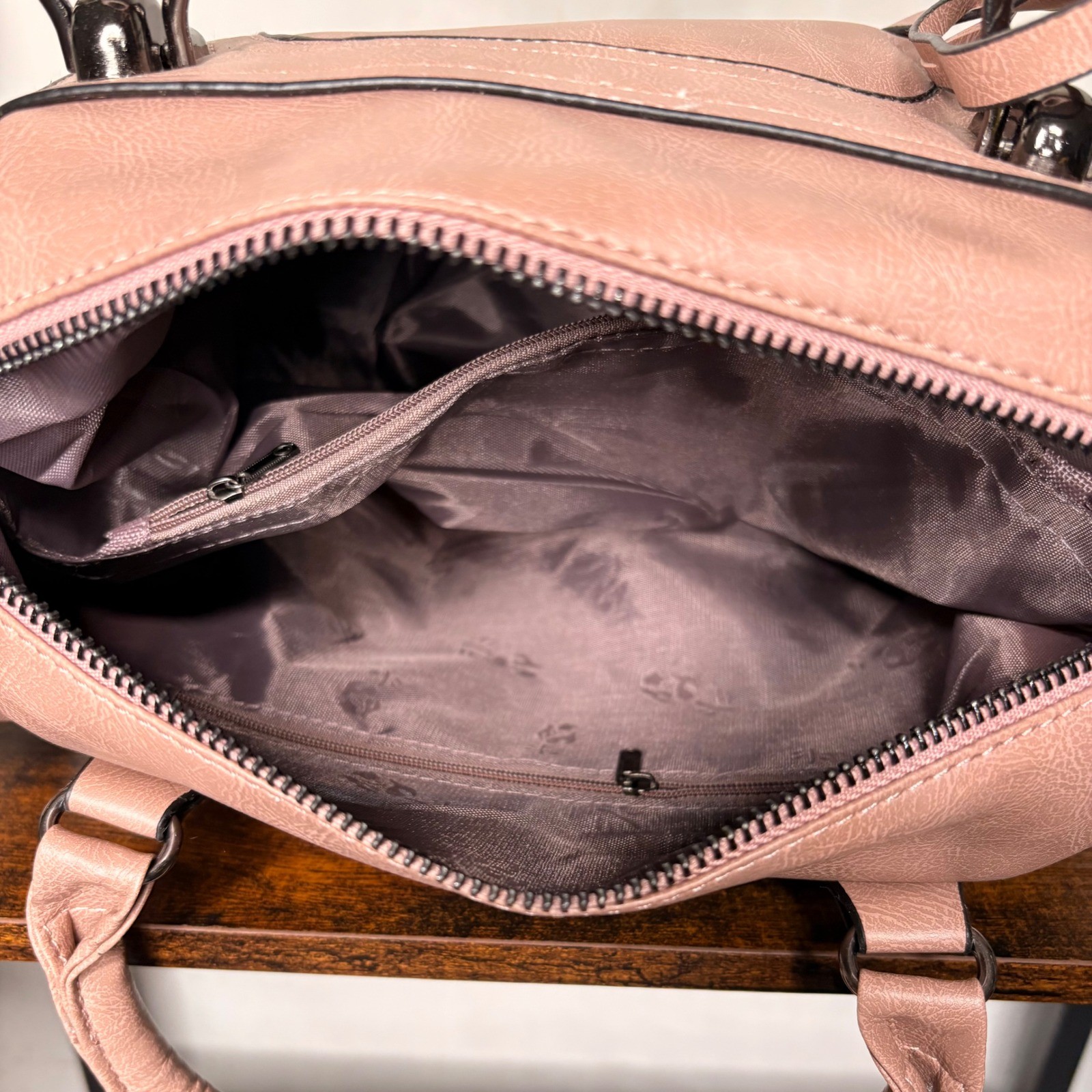 Pink Faux Leather Satchel Handbag Crossbody Purse with Side Buckles Gunmetal HW