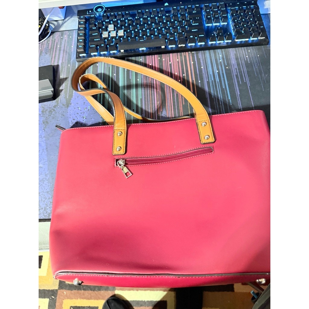 BROMEN Vegan Leather Laptop Tote Bag & Shoulder Purse – Dark Pink & Yellow-Brown