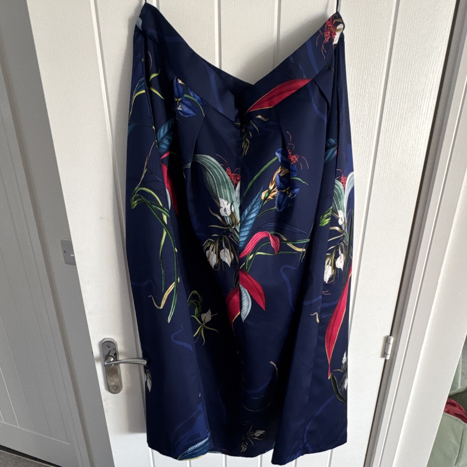 NEXT Navy Floral Satin A-Line Midi Lined Zip Skirt Tall UK 20