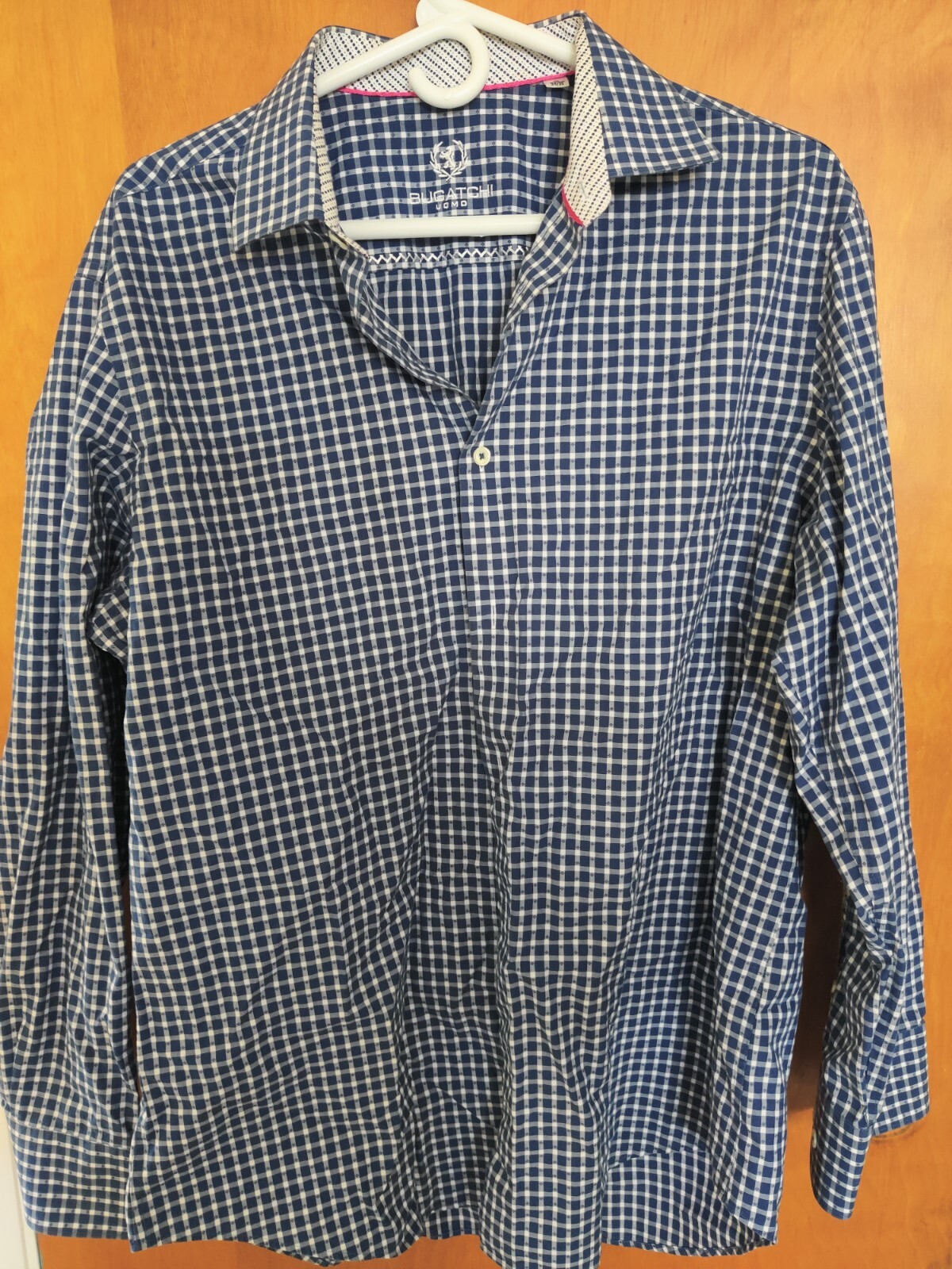 Bugatchi Uomo Barrel Cuff Dress Shirt Mens Sz 17-34/35 Navy And White Plaid Nice